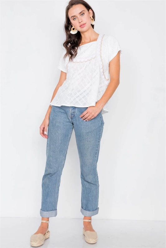 Ivory Floral Eyelet Square Neck High-Low Top /1-2-3 - Tasha Apparel Wholesale