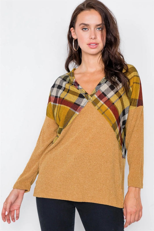 Mustard & Plaid Fabric Mix V-Neck Drop-Shoulder Sweater /2-2-2 - Tasha Apparel Wholesale