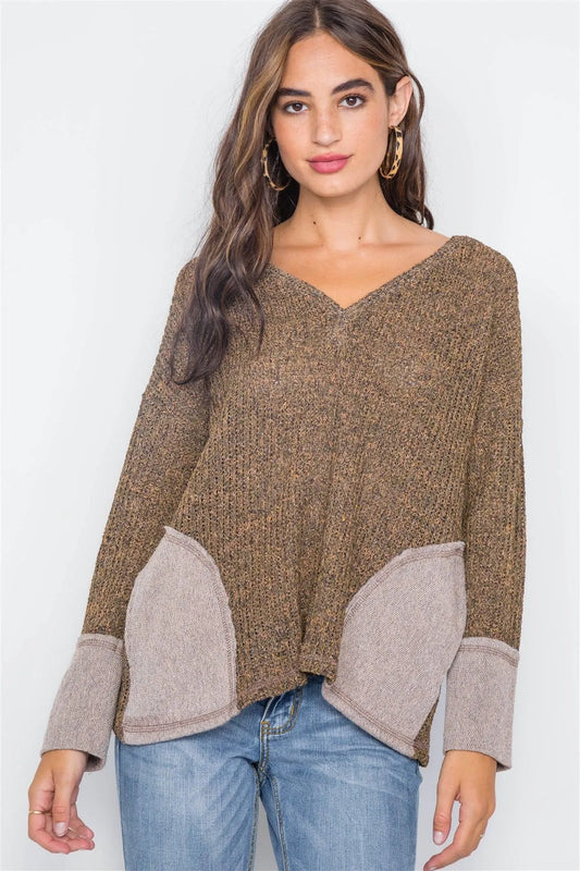 Leaf V-Neck Knit Long Sleeve Sweater - Tasha Apparel Wholesale