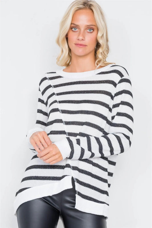 Black & Off-White Glitter High-Low Cut Long Sleeve Semi-Sheer Top /2-2-2 - Tasha Apparel Wholesale