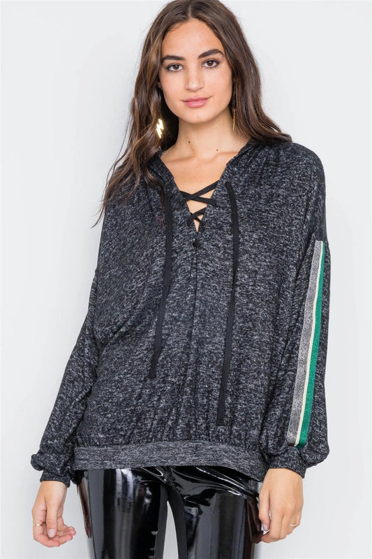 Charcoal Lace Up Long Sleeve Soft Sweater /2-2-2 - Tasha Apparel Wholesale