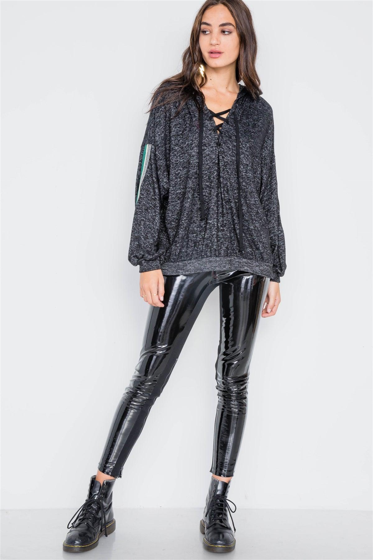 Charcoal Lace Up Long Sleeve Soft Sweater /2-2-2