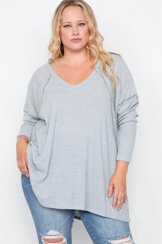 Plus Size Heather Grey Knit Long Sleeve Top /3-2-1 - Tasha Apparel Wholesale