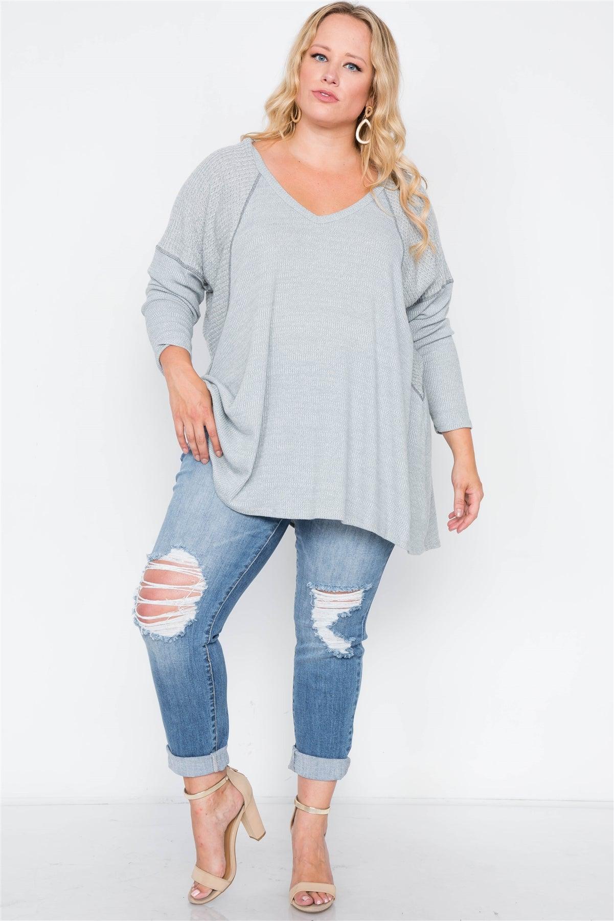 Plus Size Heather Grey Knit Long Sleeve Top /3-2-1