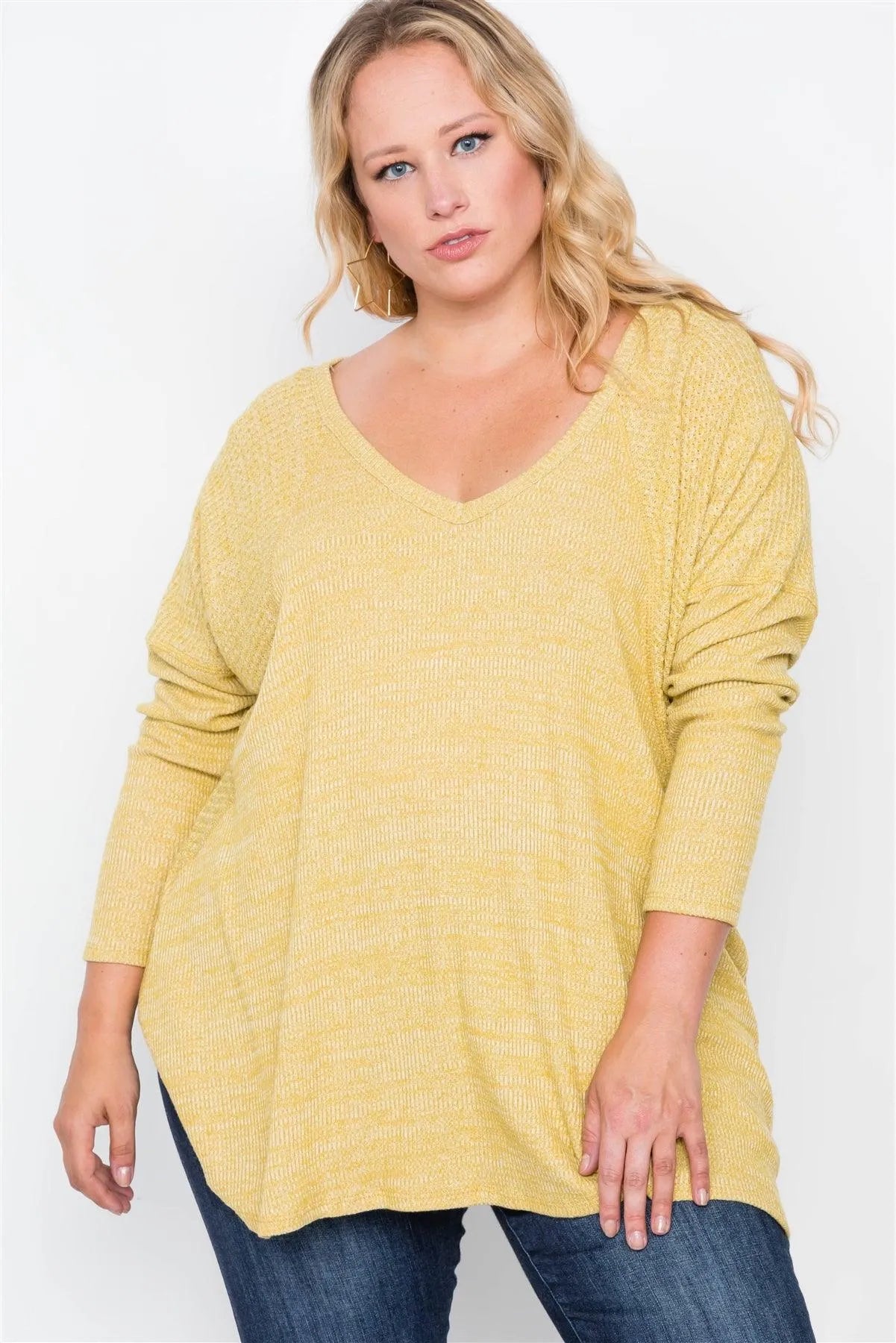 Plus Size Mustard Knit Long Sleeve Top - Tasha Apparel Wholesale
