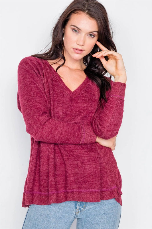 Burgundy V-Neck Contrast Fabric Raw Hem Oversize Sweater /2-2-2 - Tasha Apparel Wholesale