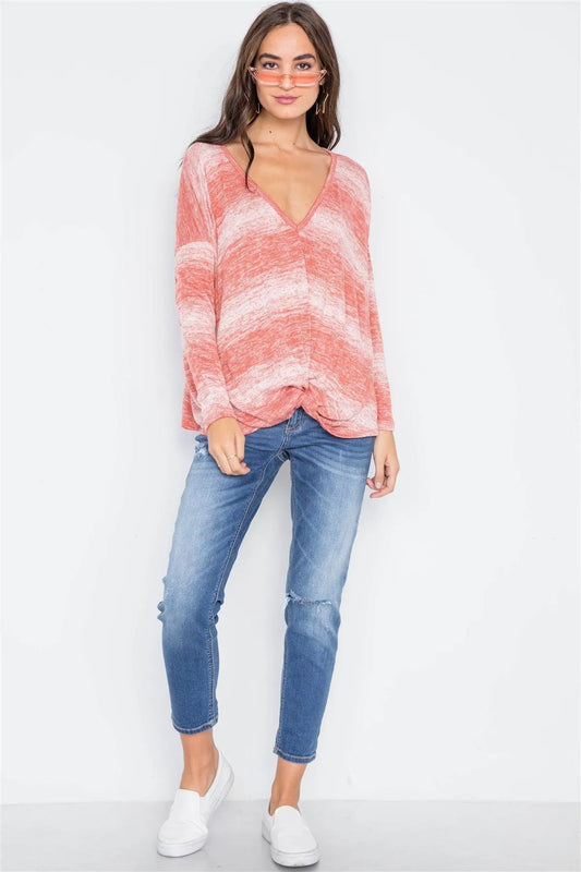 Coral Deep V-Neck Front-Twist Sweater /1-2-2 - Tasha Apparel Wholesale