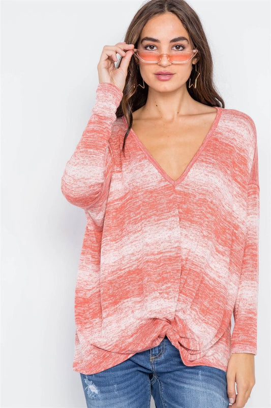 Coral Deep V-Neck Front-Twist Sweater /2-2-2 - Tasha Apparel Wholesale