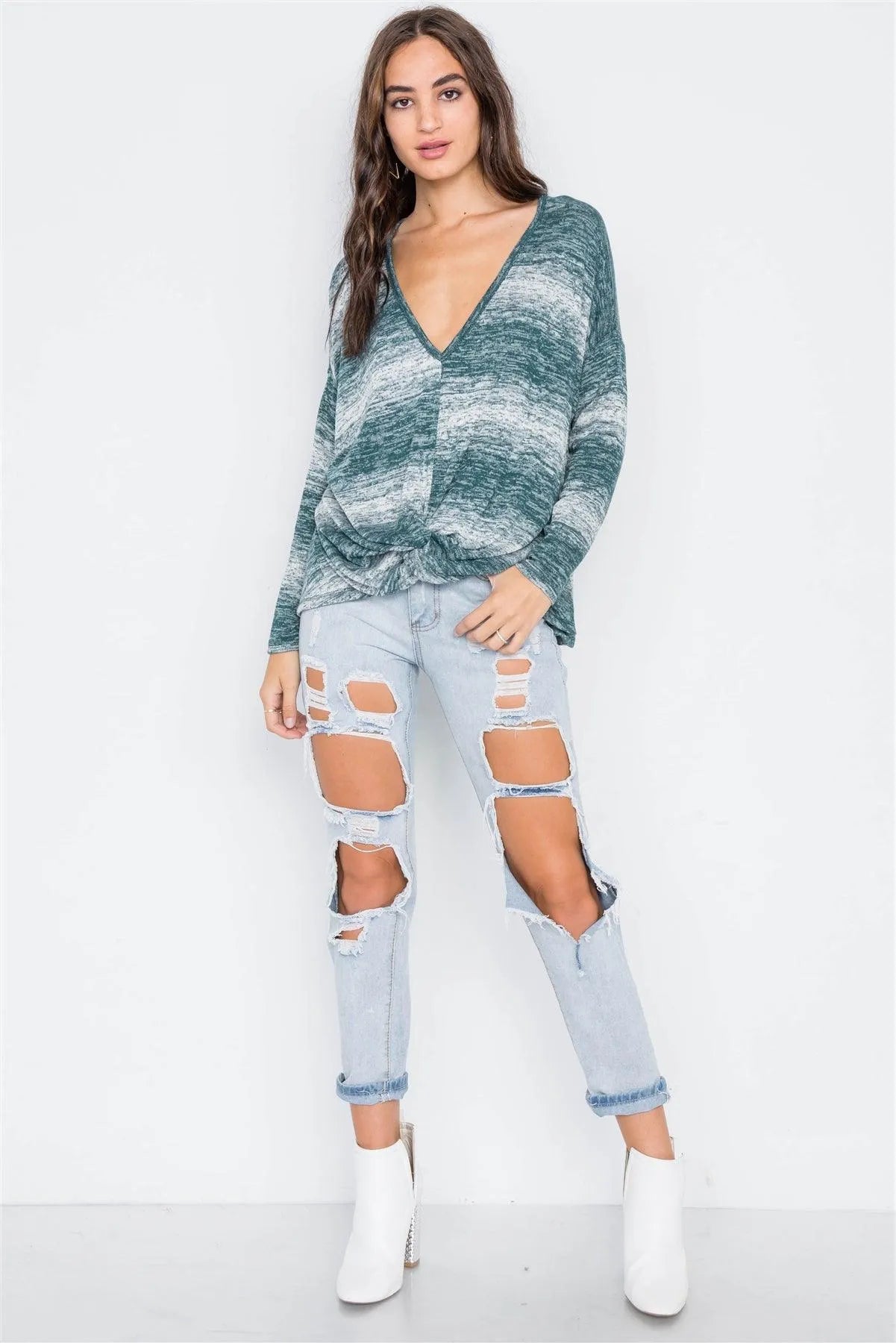 Green Deep V-Neck Front-Twist Sweater - Tasha Apparel Wholesale