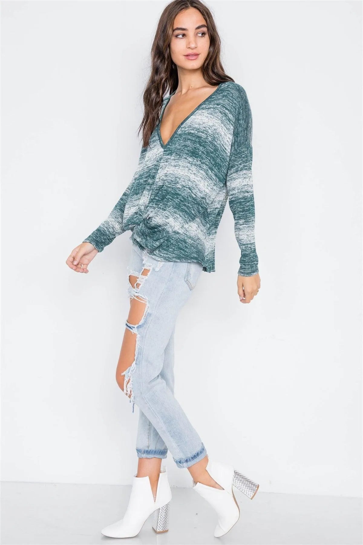 Green Deep V-Neck Front-Twist Sweater - Tasha Apparel Wholesale