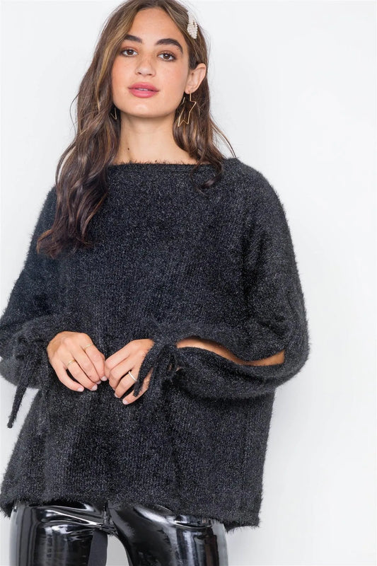 Black Fuzzy Slit Sleeves Casual Soft Sweater / 2-2-2 - Tasha Apparel Wholesale