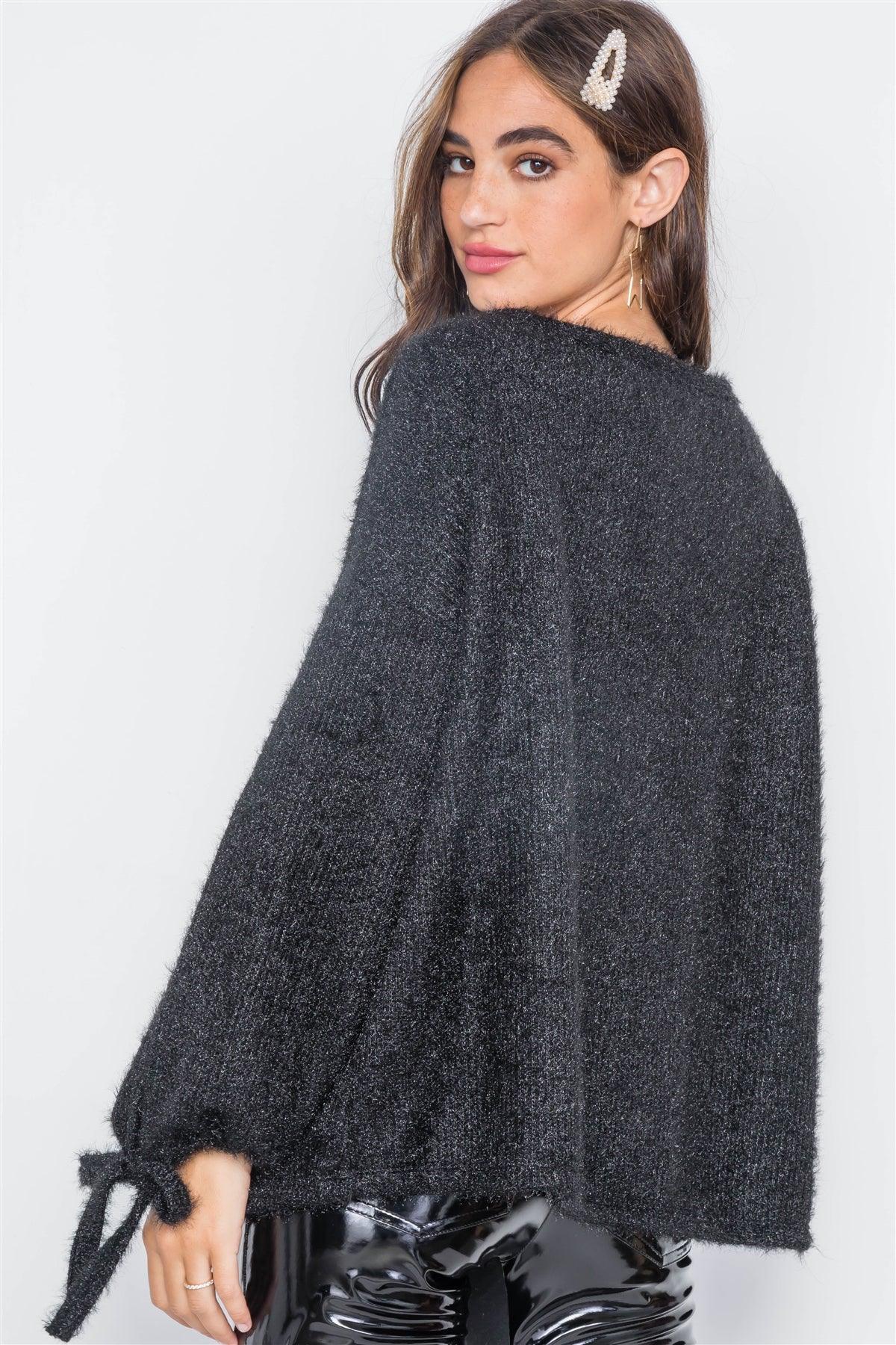 Black Fuzzy Slit Sleeves Casual Soft Sweater / 2-2-2