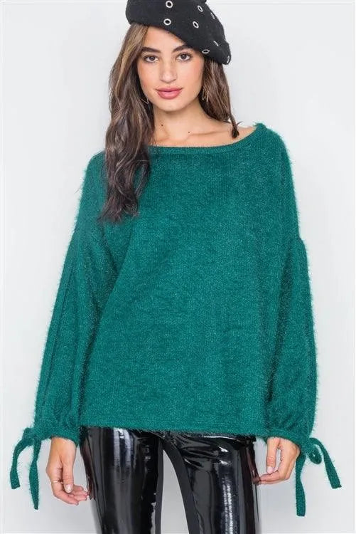 Teal Fuzzy Slit Sleeves Casual Soft Sweater - Tasha Apparel Wholesale