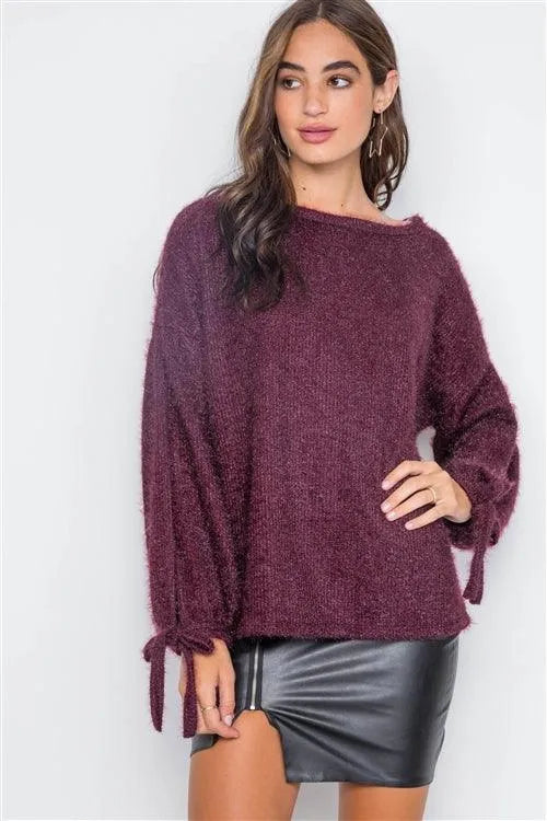 Violet Fuzzy Slit Sleeves Casual Soft Sweater - Tasha Apparel Wholesale