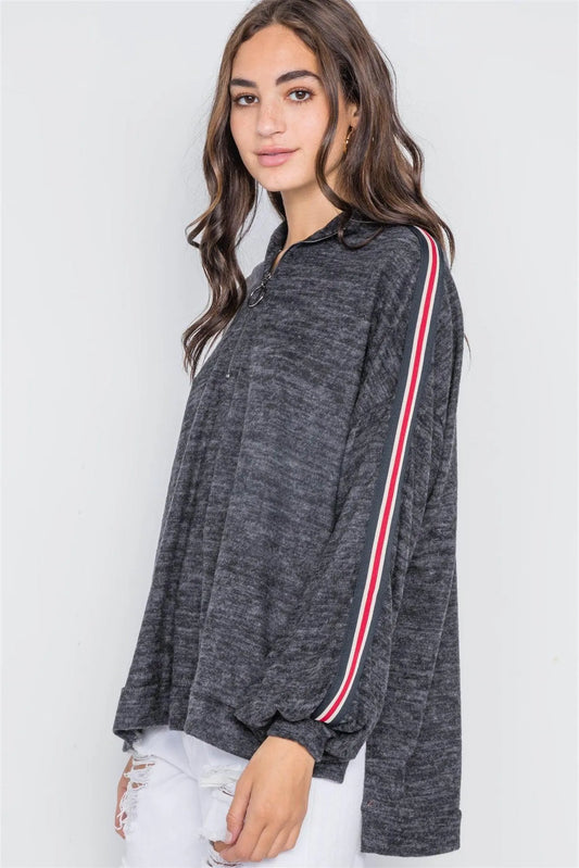 Charcoal Contrast Trim Stripe Sleeves Sweater /2-2-2 - Tasha Apparel Wholesale