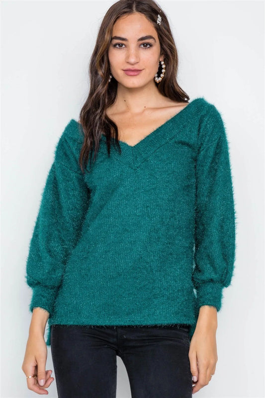 Teal Fuzzy Long Sleeve V-Neck Sweater /2-2 - Tasha Apparel Wholesale