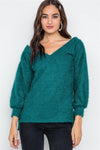 Teal Fuzzy Long Sleeve V-Neck Sweater /2-2-2