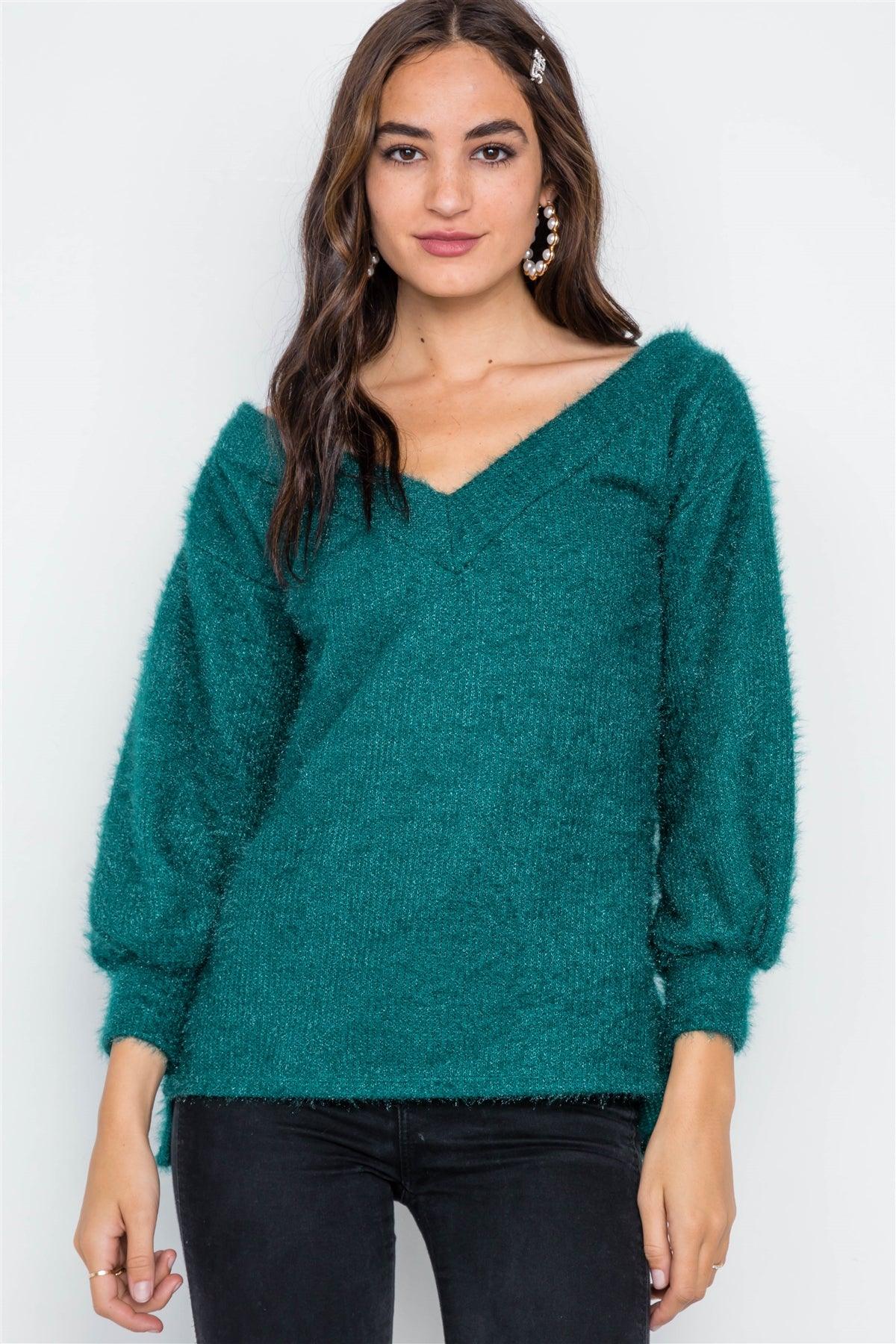 Teal Fuzzy Long Sleeve V-Neck Sweater /2-2-2