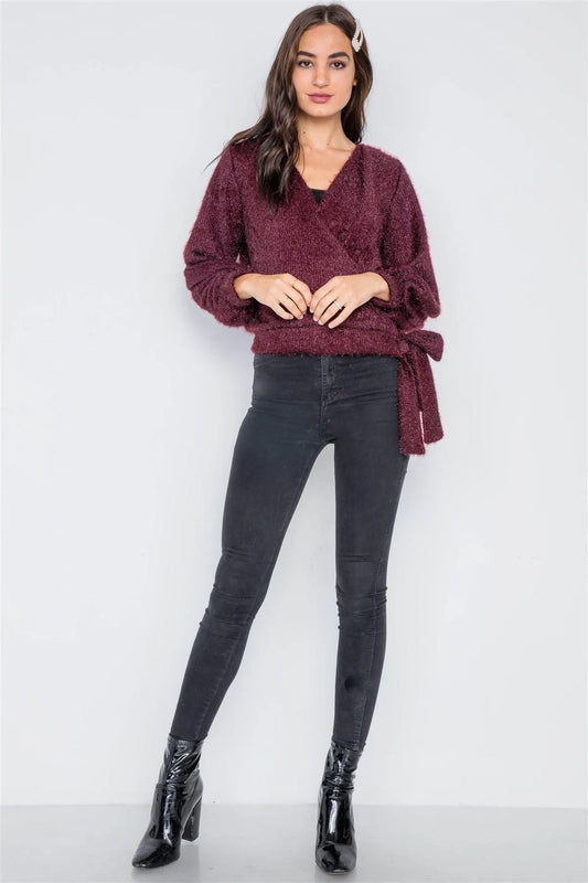 Violet Fuzzy Long Sleeve Surplice Sweater /1-2-2 - Tasha Apparel Wholesale