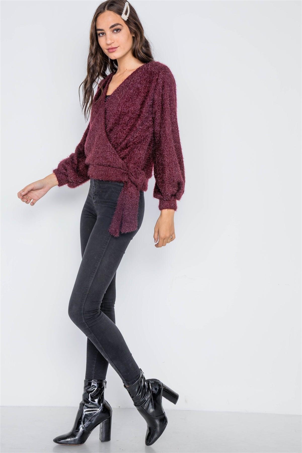 Violet Fuzzy Long Sleeve Surplice Sweater /1-2-2