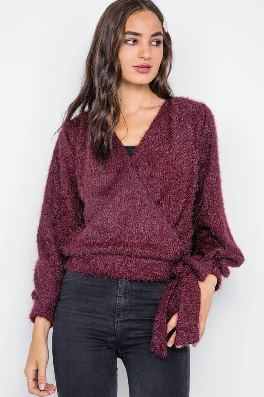 Violet Fuzzy Long Sleeve Surplice Sweater /2-2-2 - Tasha Apparel Wholesale