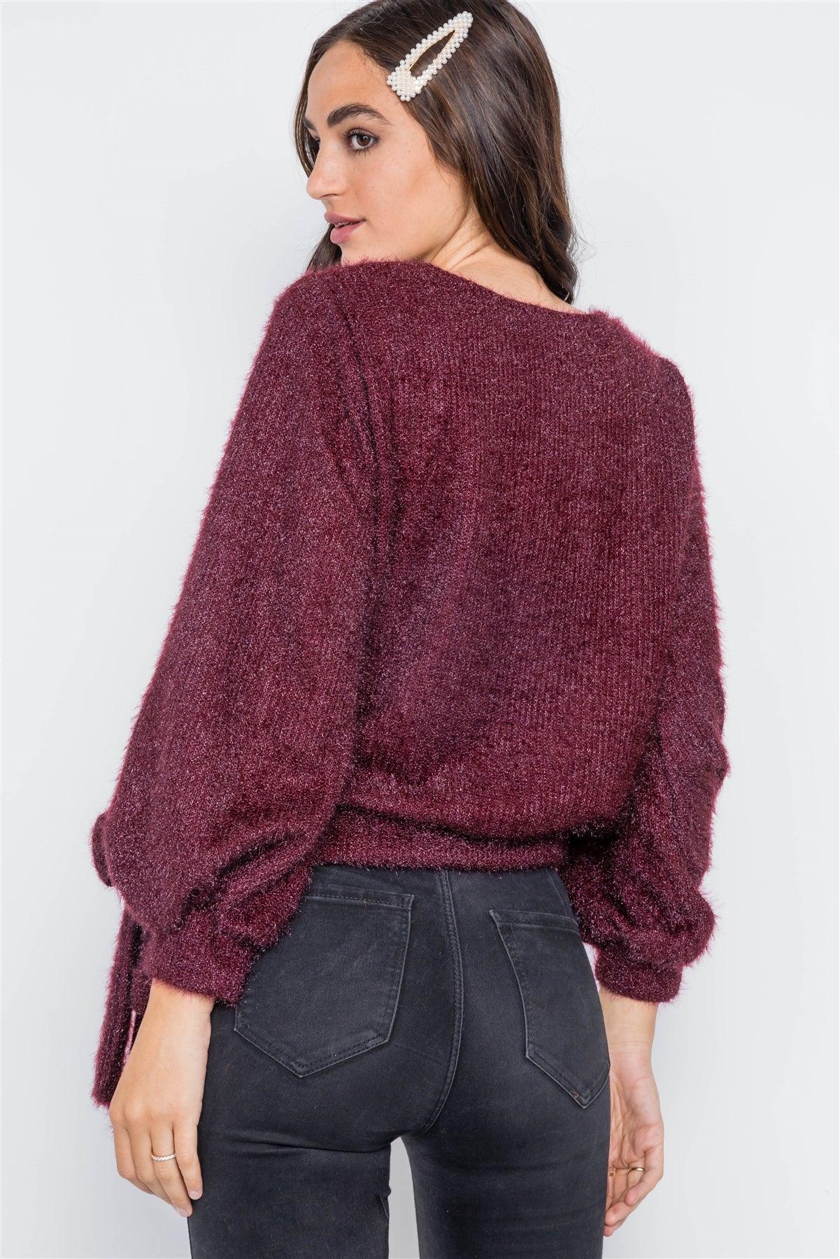 Violet Fuzzy Long Sleeve Surplice Sweater /2-2-2