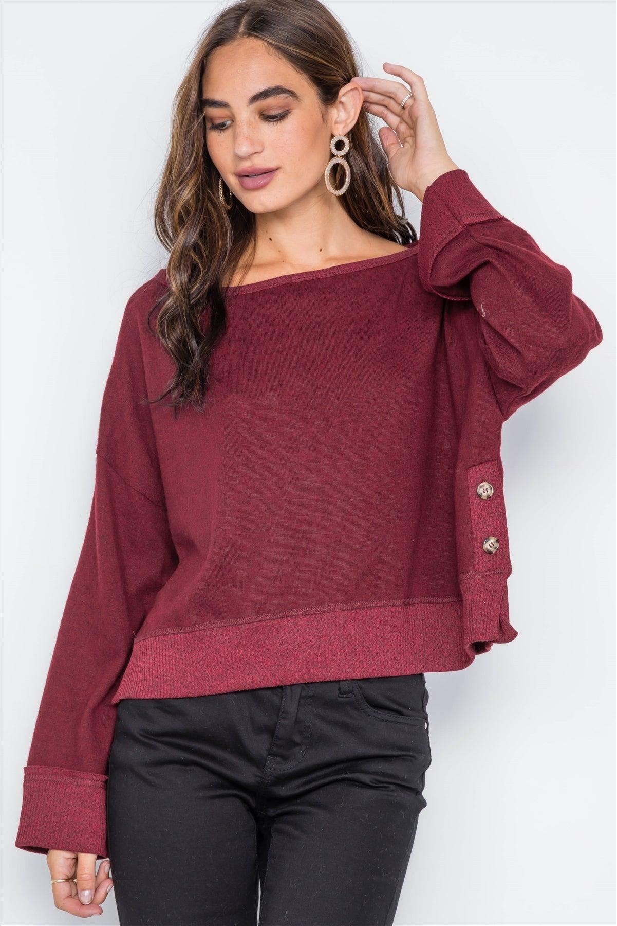 Burgundy Soft Knit Side-Button Sweater / 2-2-2