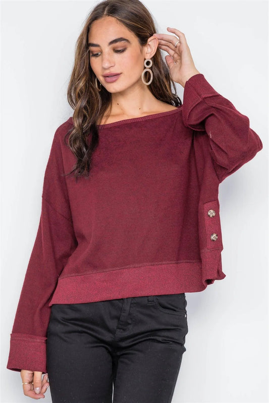 Burgundy Soft Knit Side-Button Sweater / 2-2-2 - Tasha Apparel Wholesale
