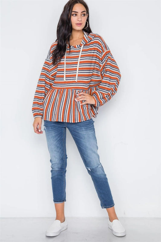 Rust Navy Stripe Long Sleeve Hooded Soft Sweater /2-2 - Tasha Apparel Wholesale