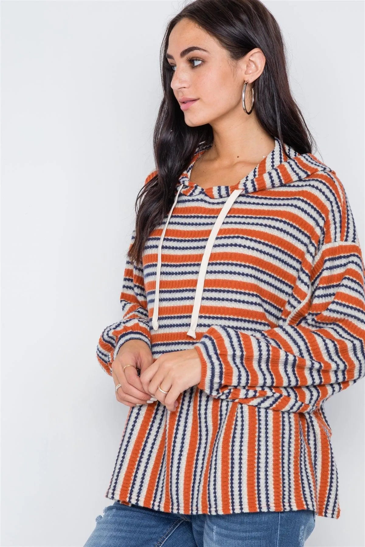 Rust Navy Stripe Long Sleeve Hooded Soft Sweater /2-2 - Tasha Apparel Wholesale