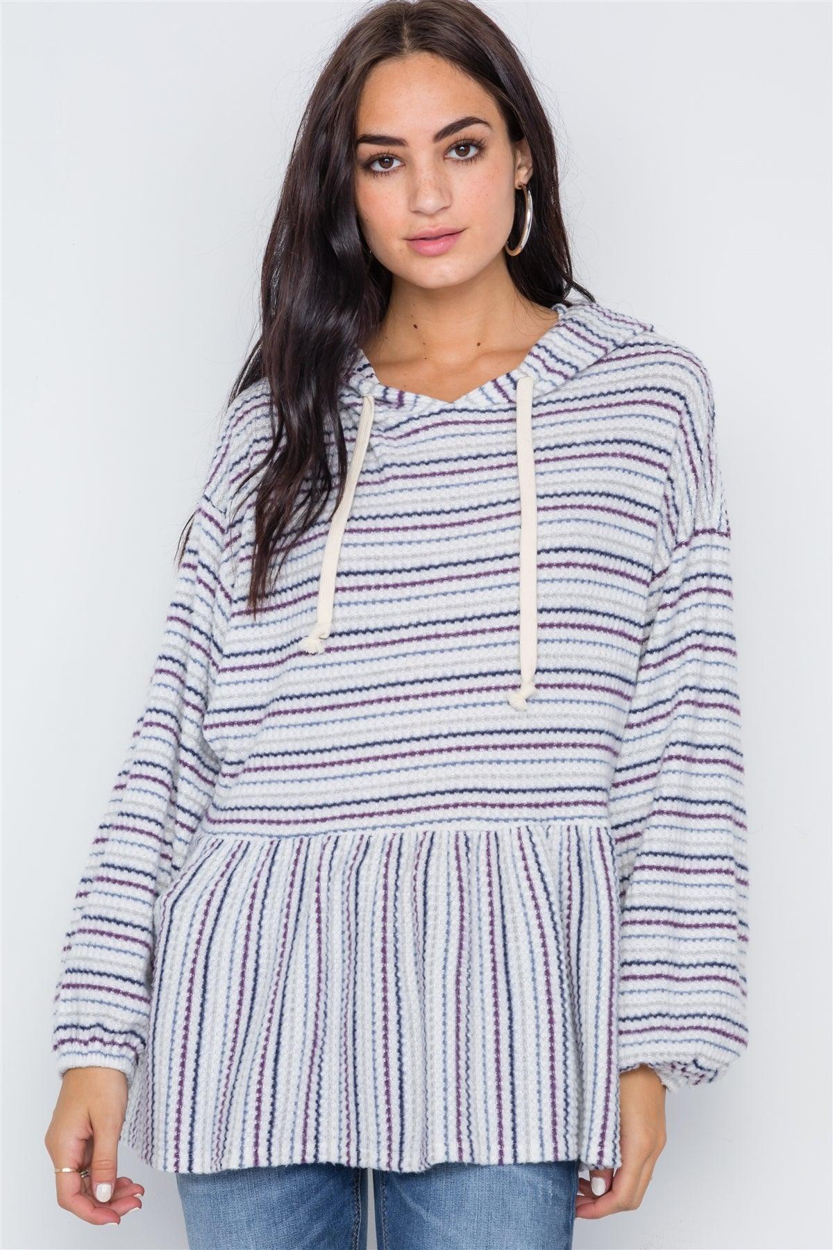 White Purple Stripe Long Sleeve Hooded Soft Sweater /2-2-2