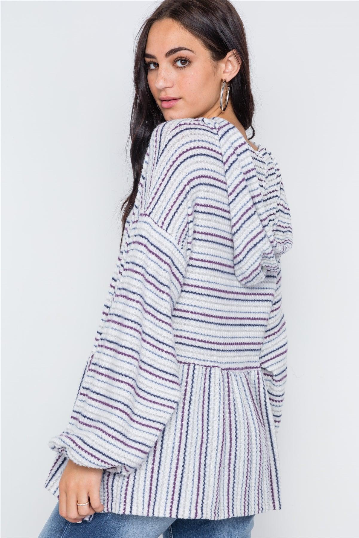 White Purple Stripe Long Sleeve Hooded Soft Sweater /2-2-2