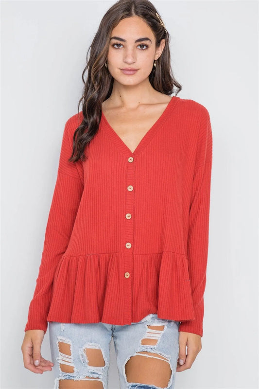 Orange Red Ribbed Long Sleeve Button Front Sweater /2-2-2 - Tasha Apparel Wholesale
