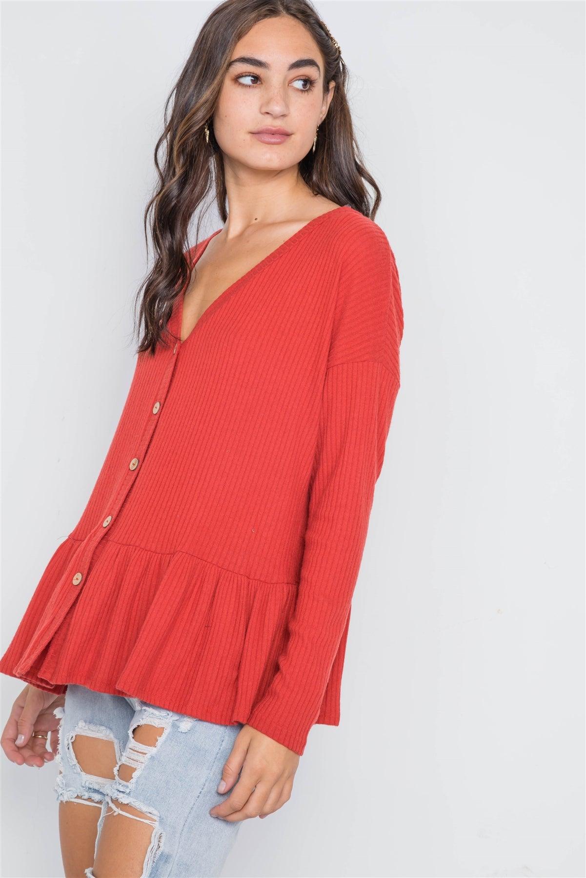 Orange Red Ribbed Long Sleeve Button Front Sweater /2-2-2