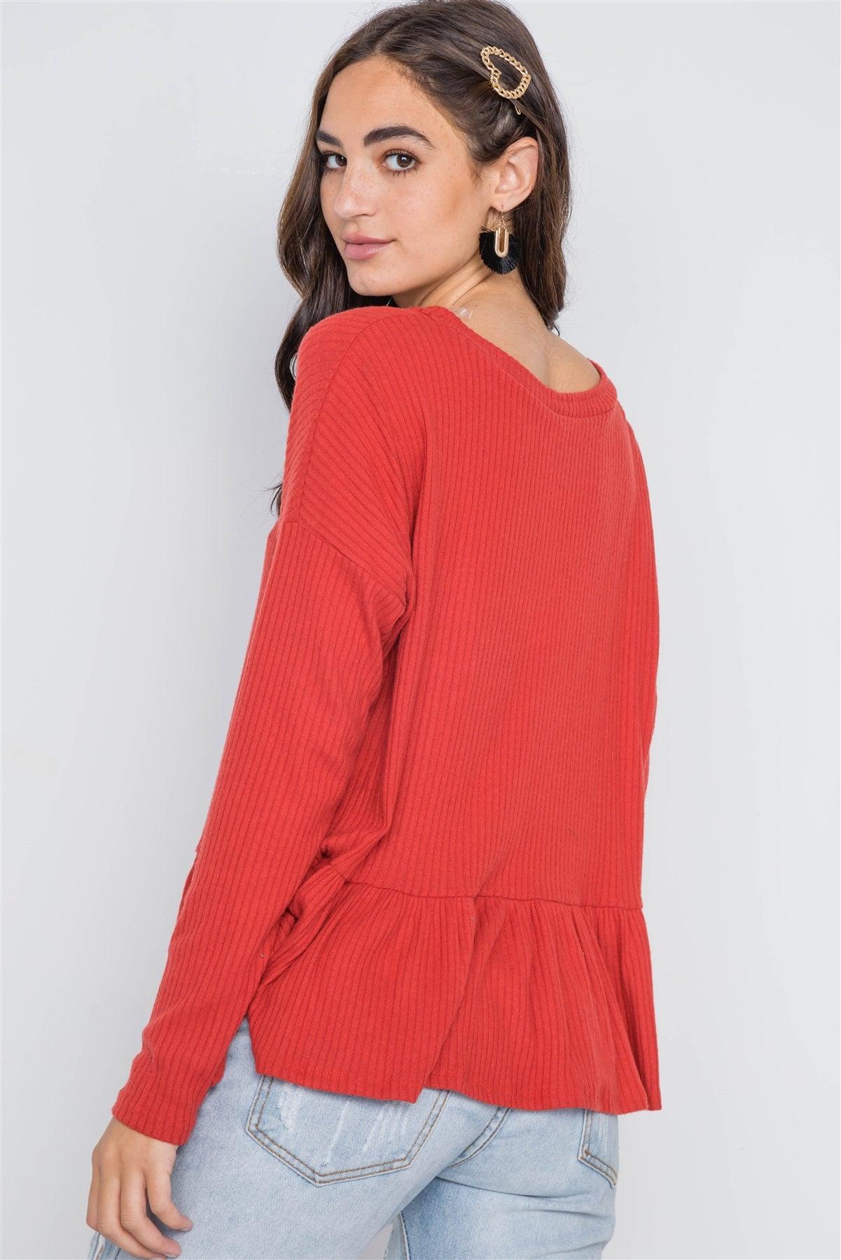 Orange Red Ribbed Long Sleeve Button Front Sweater /2-2-2