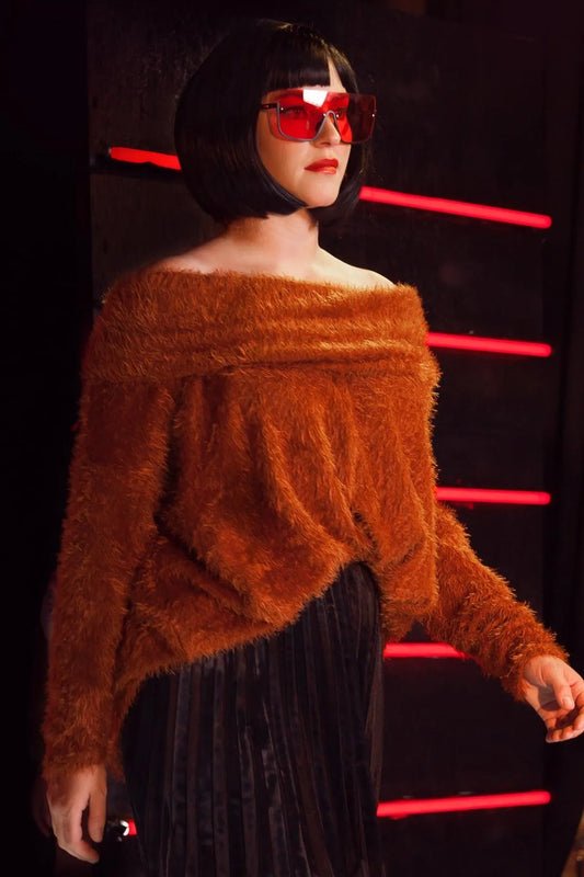 Golden Rust Fuzzy Off-The-Shoulder Sweater /2-2-2 - Tasha Apparel Wholesale