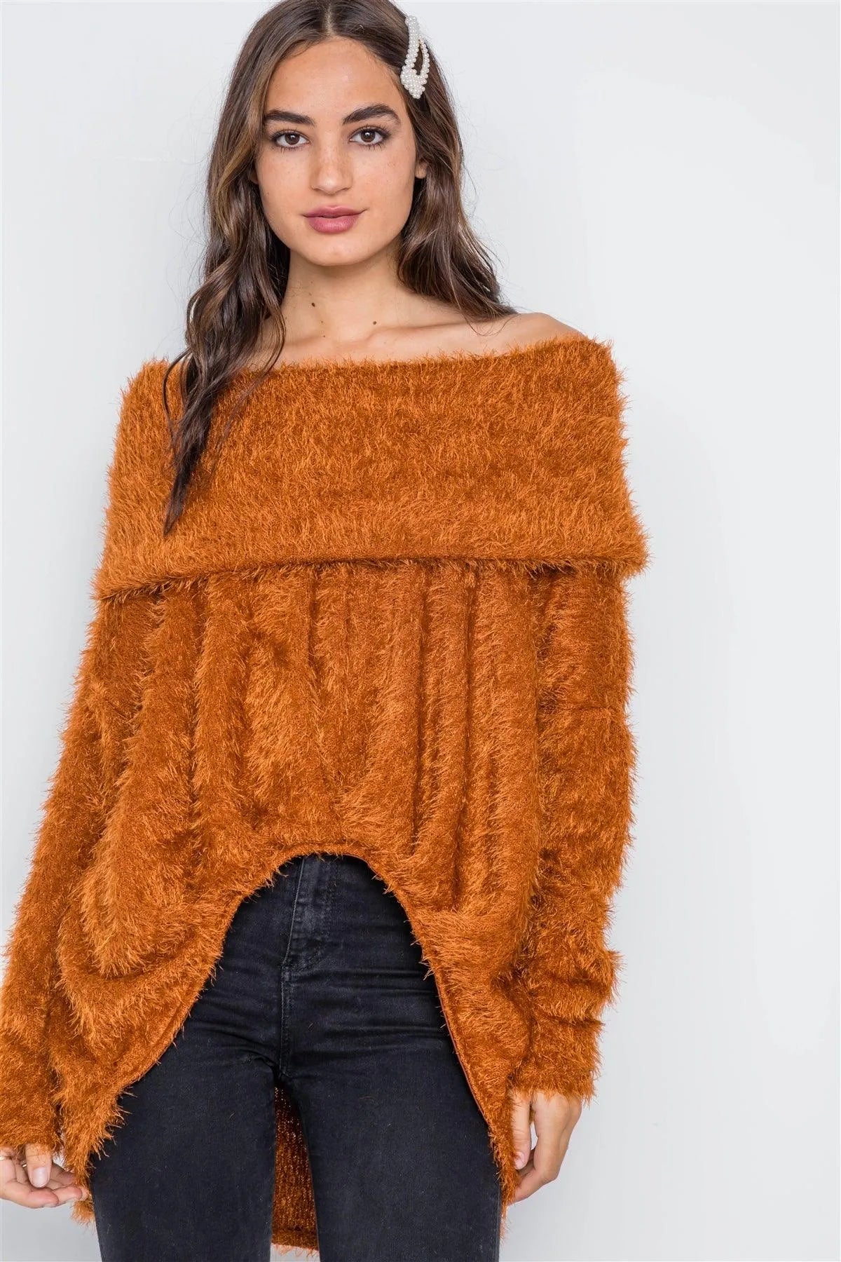 Golden Rust Fuzzy Off-The-Shoulder Sweater /2-2-2 - Tasha Apparel Wholesale