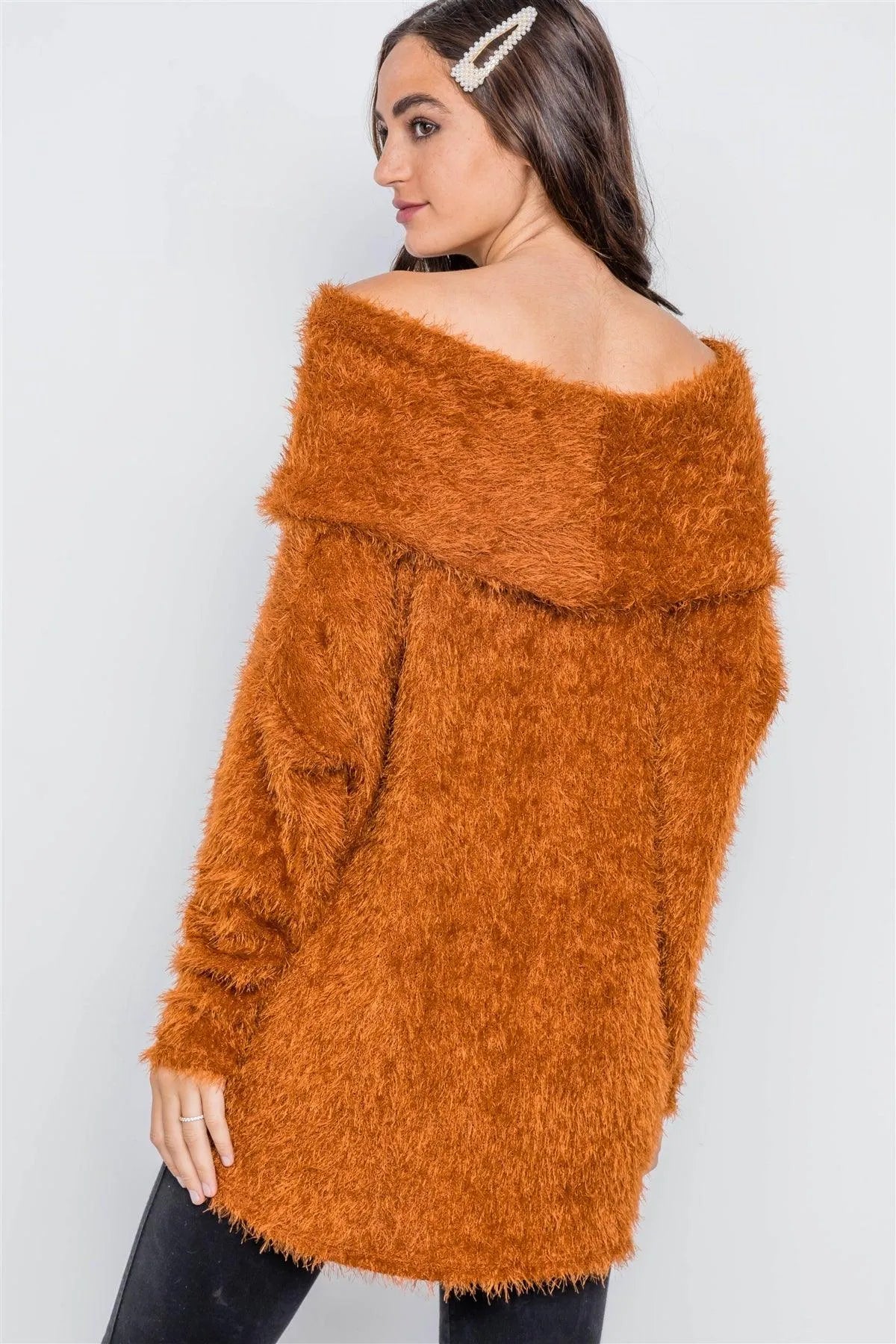 Golden Rust Fuzzy Off-The-Shoulder Sweater /2-2-2 - Tasha Apparel Wholesale