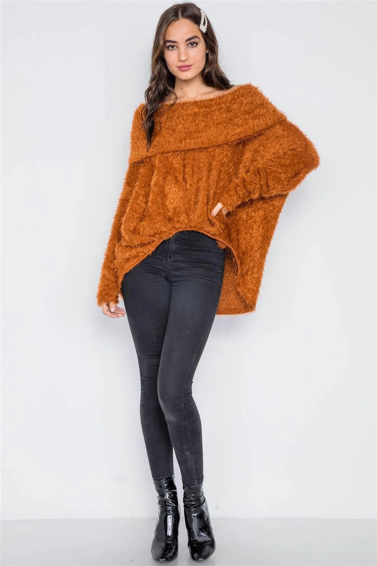 Golden Rust Fuzzy Off-The-Shoulder Sweater /2-2-2 - Tasha Apparel Wholesale
