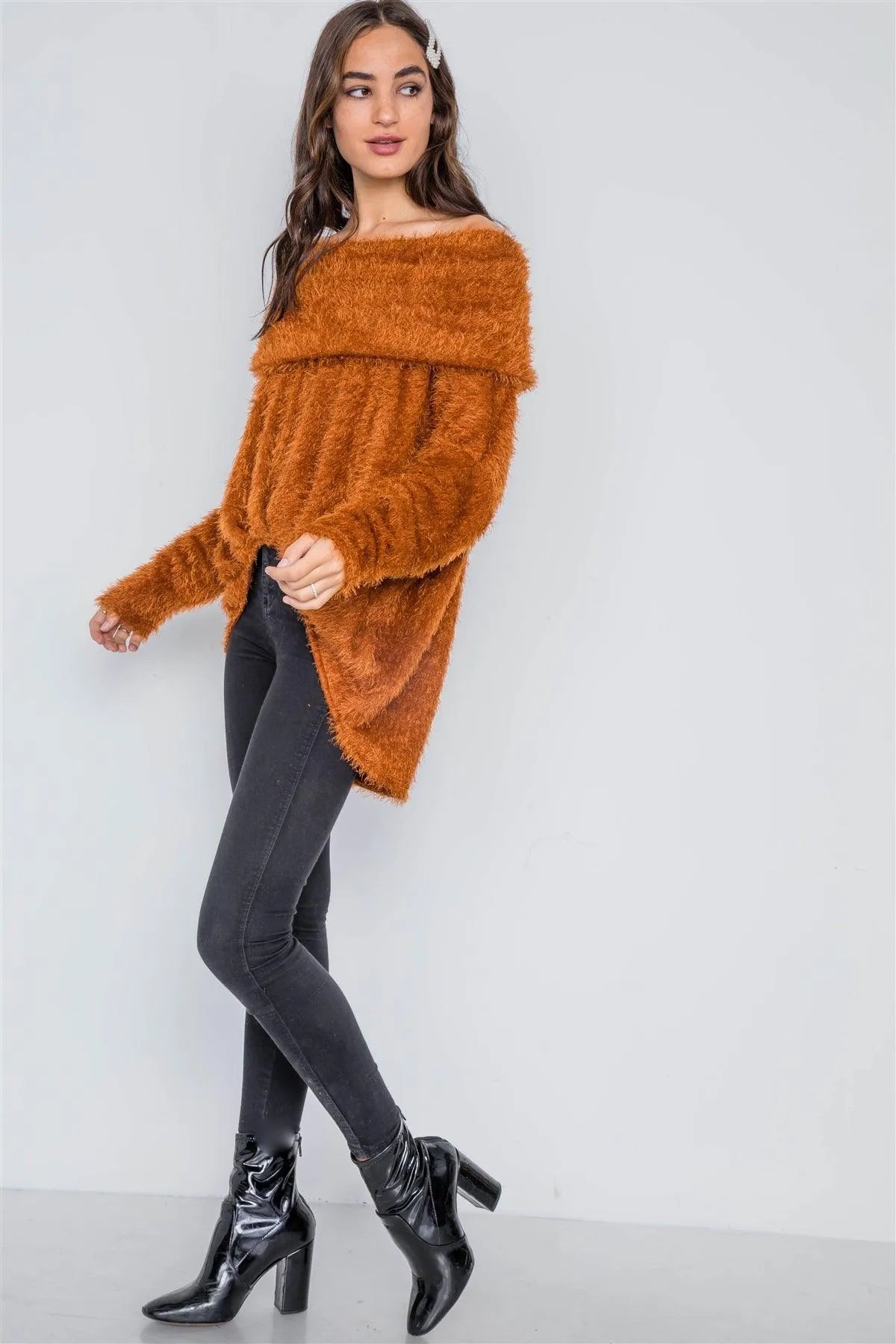 Golden Rust Fuzzy Off-The-Shoulder Sweater /2-2-2 - Tasha Apparel Wholesale