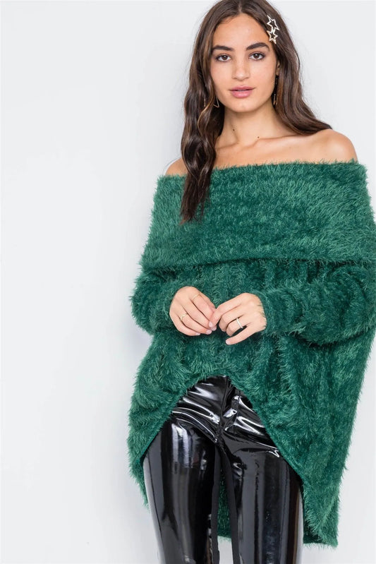 Green Fuzzy Off-The-Shoulder Sweater /2-2-2 - Tasha Apparel Wholesale