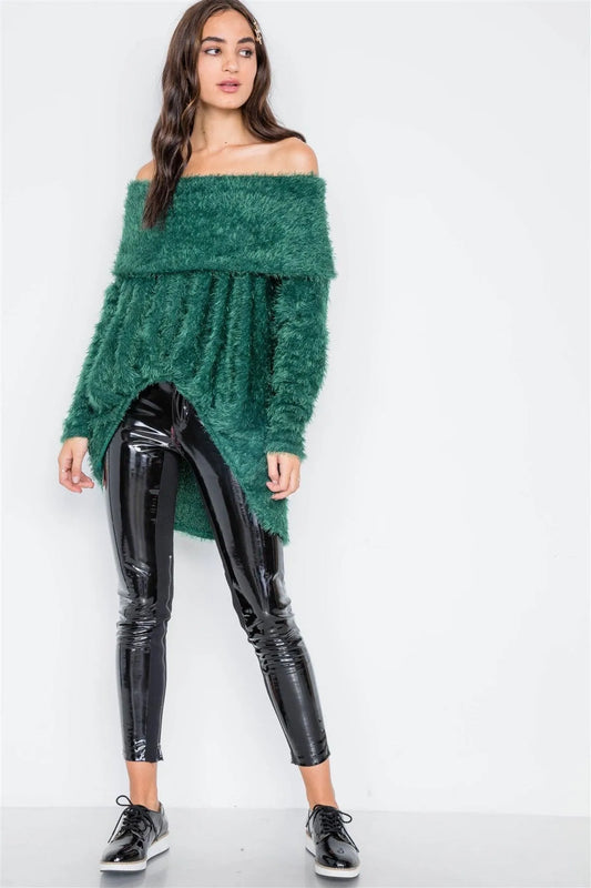 Green Fuzzy Off-The-Shoulder Sweater /3-2-2 - Tasha Apparel Wholesale