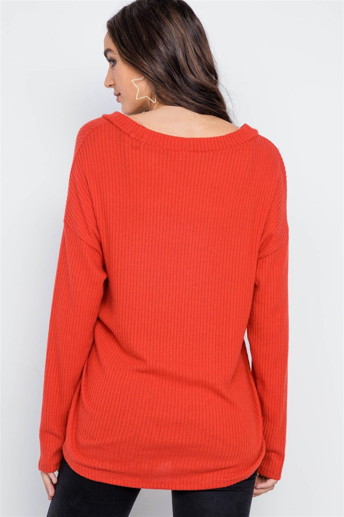 Orange Red Front-Tie Ribbed Surplice Neck Sweater /2-2-2