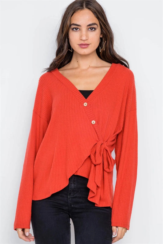Orange Red Front-Tie Ribbed Surplice Neck Sweater - Tasha Apparel Wholesale