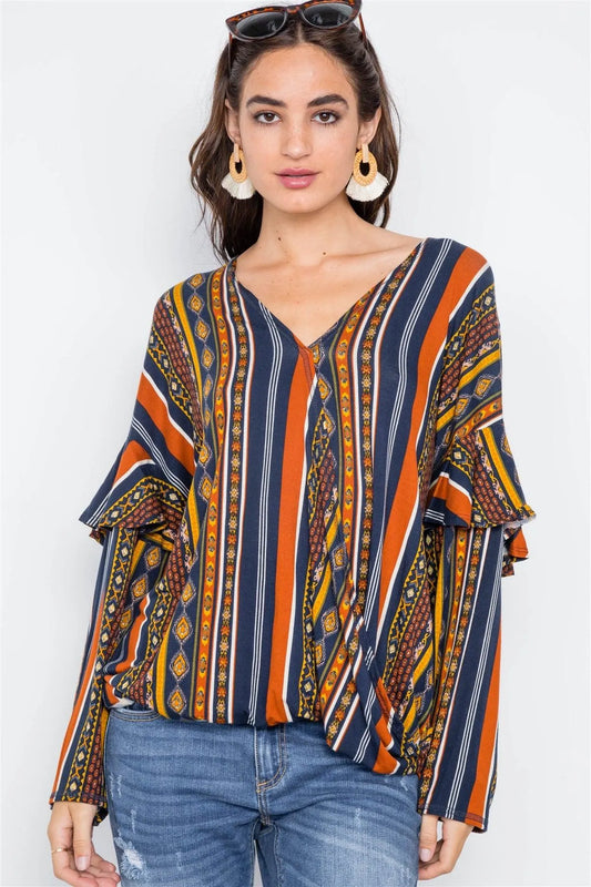 Rust Multi V-Neck Stripe Geo Print Long Sleeve Top /2-2-2 - Tasha Apparel Wholesale