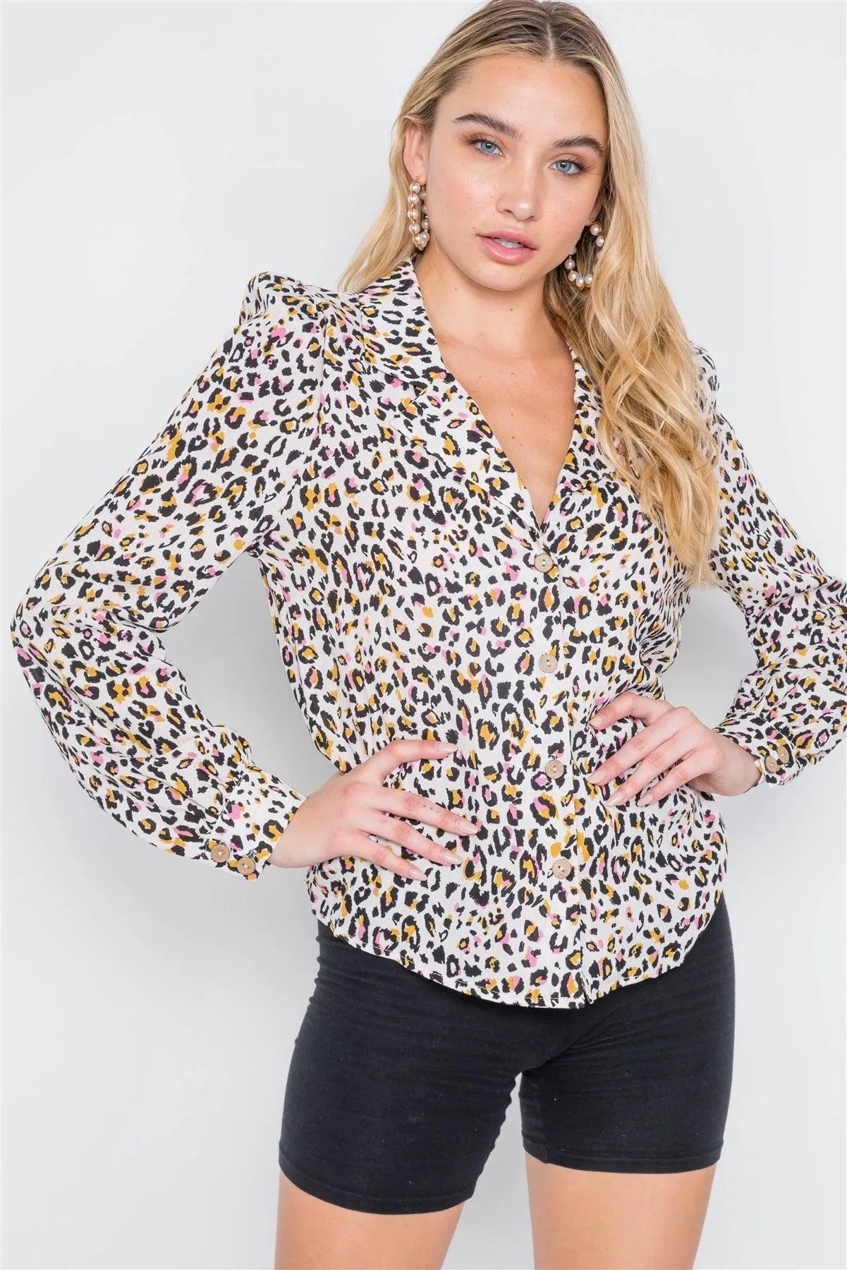 Beige Pink Animal Print Button Down Top /2-2-2 - Tasha Apparel Wholesale