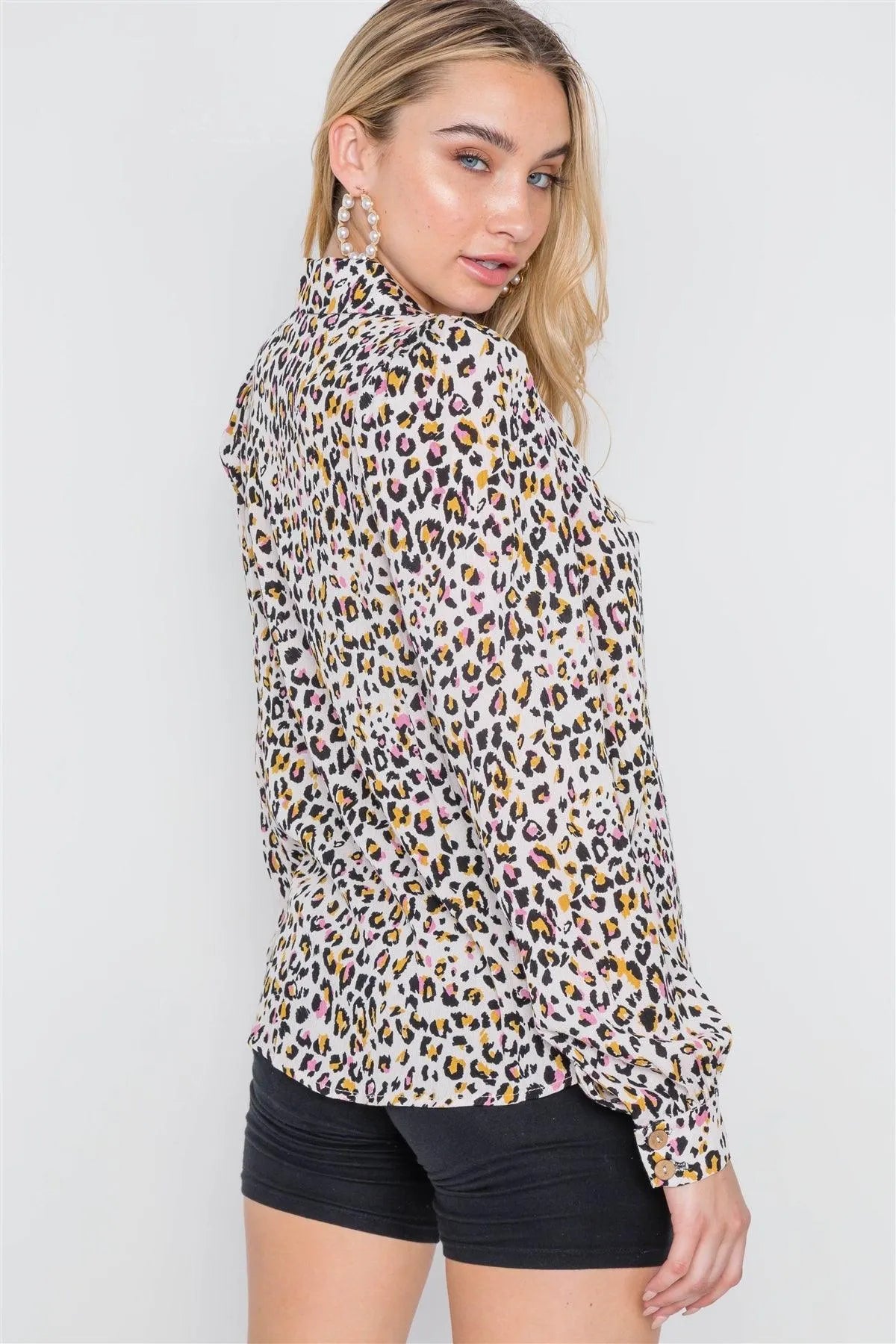 Beige Pink Animal Print Button Down Top /2-2-2 - Tasha Apparel Wholesale