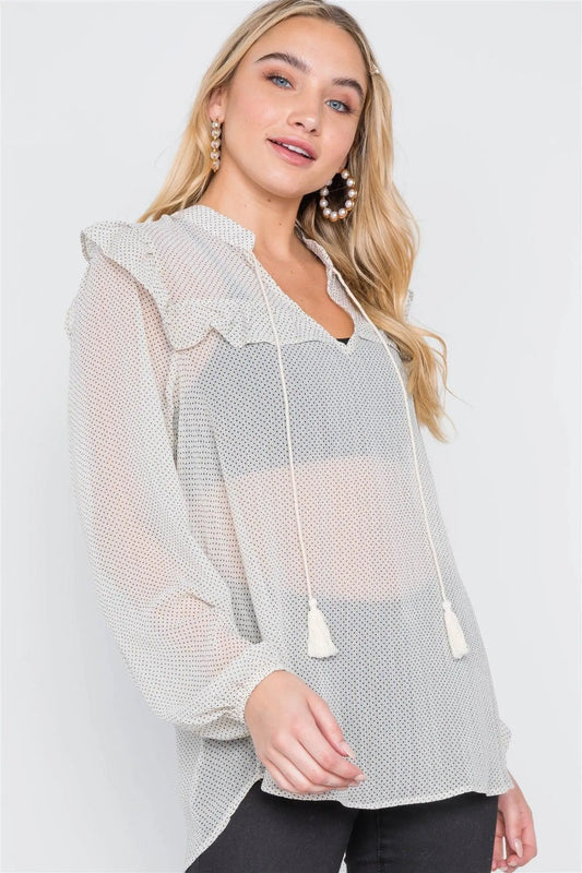 Ivory Polka Dot Long Sleeve Chiffon Ruffle Top /2-2-2 - Tasha Apparel Wholesale
