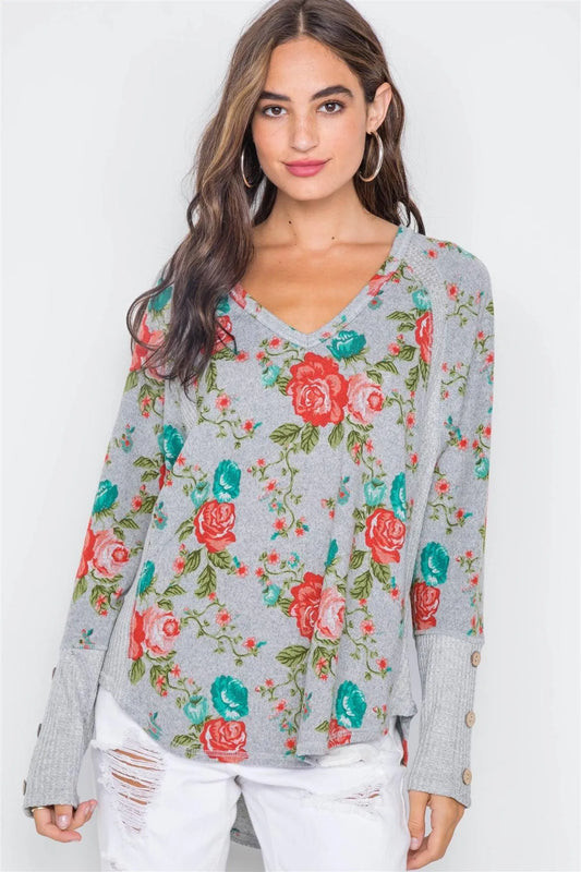 Grey Floral Print Knit V-Neck Top / 2-2-2 - Tasha Apparel Wholesale