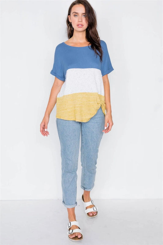 Denim Color Block Side Twist Front Cuffed Sleeve Top / 1-2-2 - Tasha Apparel Wholesale